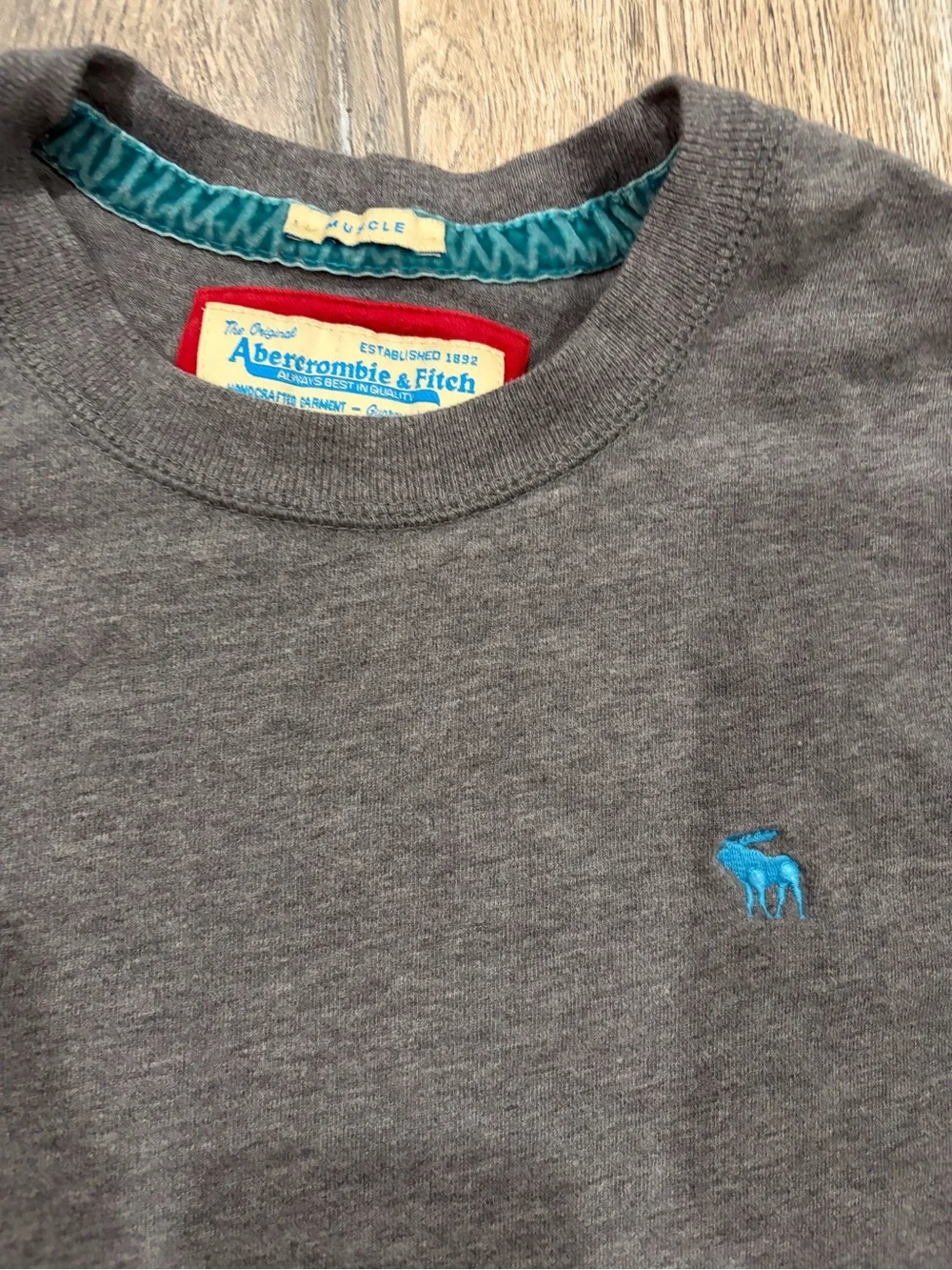 Abercrombie & Fitch Men's Long-Sleeve Crew in Charcoal with Teal Logo